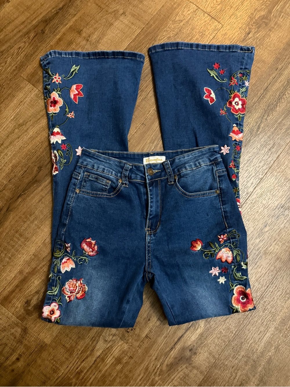 BAMBOO Dark Blue Embroidered Floral Flare Jeans - Picture 2 of 9